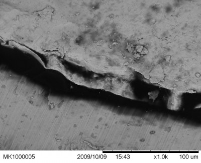 This is the seam between the two halves of the mold, as they leave a crevice along the length of the pellet. This is at 1000 X.